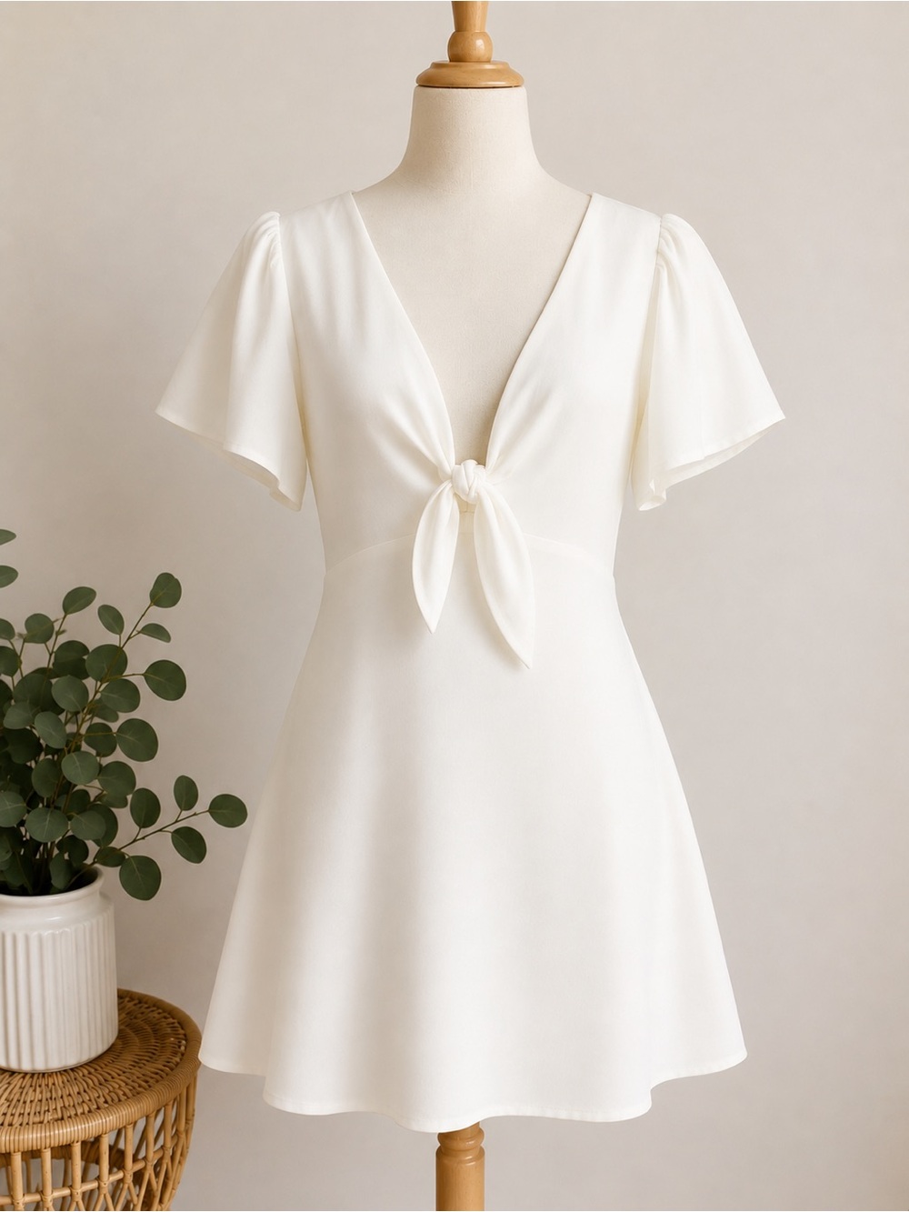White Linen Blend Tie Front Mini Dress NWT Cottagecore Puff Sleeve Small